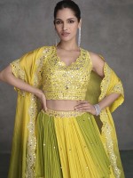 Neon Yellow Real Organza Silk Shrug Style Lehenga Choli